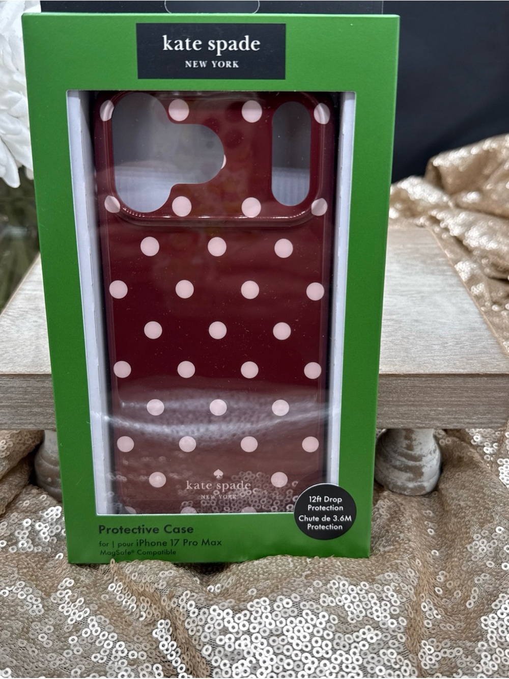 Kate Spade Maroon W Pink Polka Dots iPhone Case For 17 Pro Max NIB